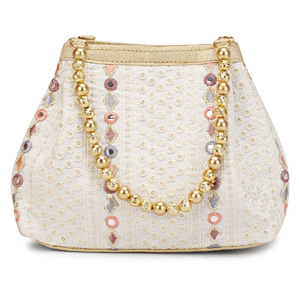 1966 Cream Potli Bag , Evening Handbags - Embroidered Indian Ethnic Bag